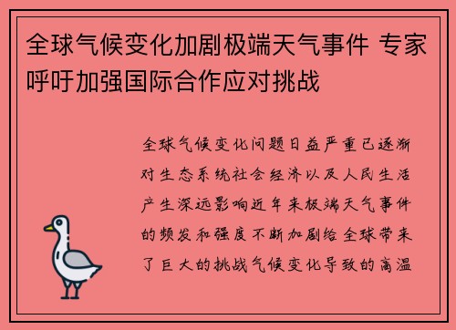 全球气候变化加剧极端天气事件 专家呼吁加强国际合作应对挑战
