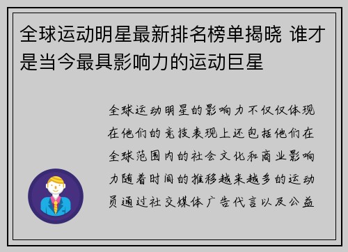 全球运动明星最新排名榜单揭晓 谁才是当今最具影响力的运动巨星
